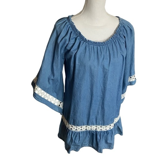 Khakis & Co Chambray Boatneck Crochet Trimmed Bell Sleeve Top - Picture 2 of 8
